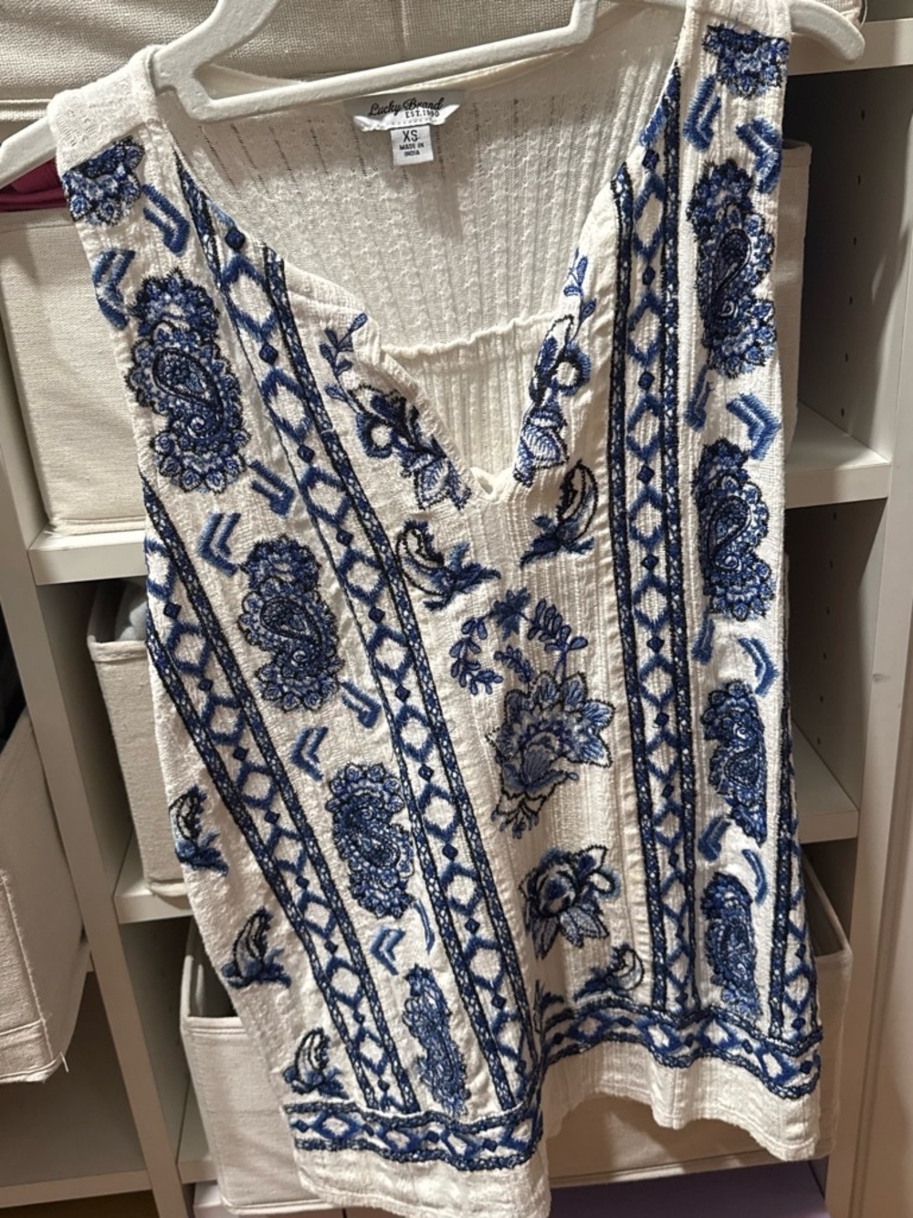 Lucky Brand White Tank Top with Blue Embroidered Paisley Design